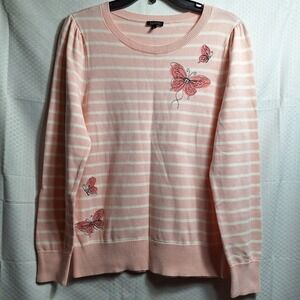 TALBOTS Butterfly Embroidered Striped Sweater Sz M Pink White Preppy Nautical